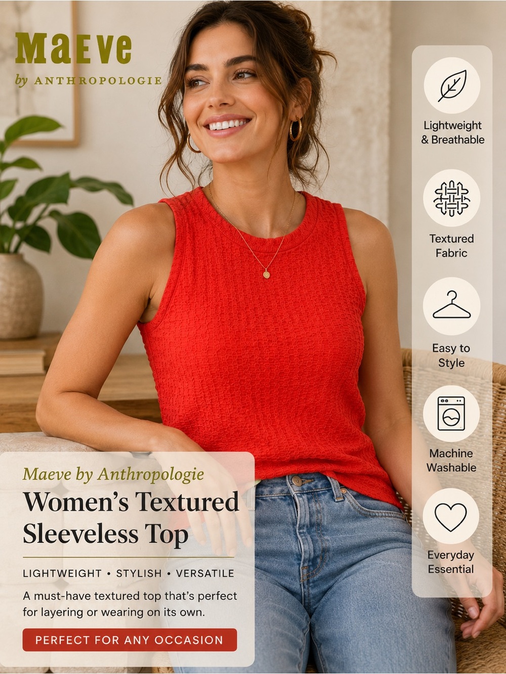 Maeve by Anthropologie Textured Tank Top Medium Red Orange Coral Sleeveless Top